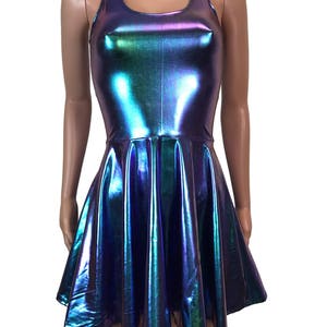 Holographic Oil Slick Skater fit n flare Tank Dress Club, Rave, Sexy Mini Dress, Cocktail, Festival Outfit image 2