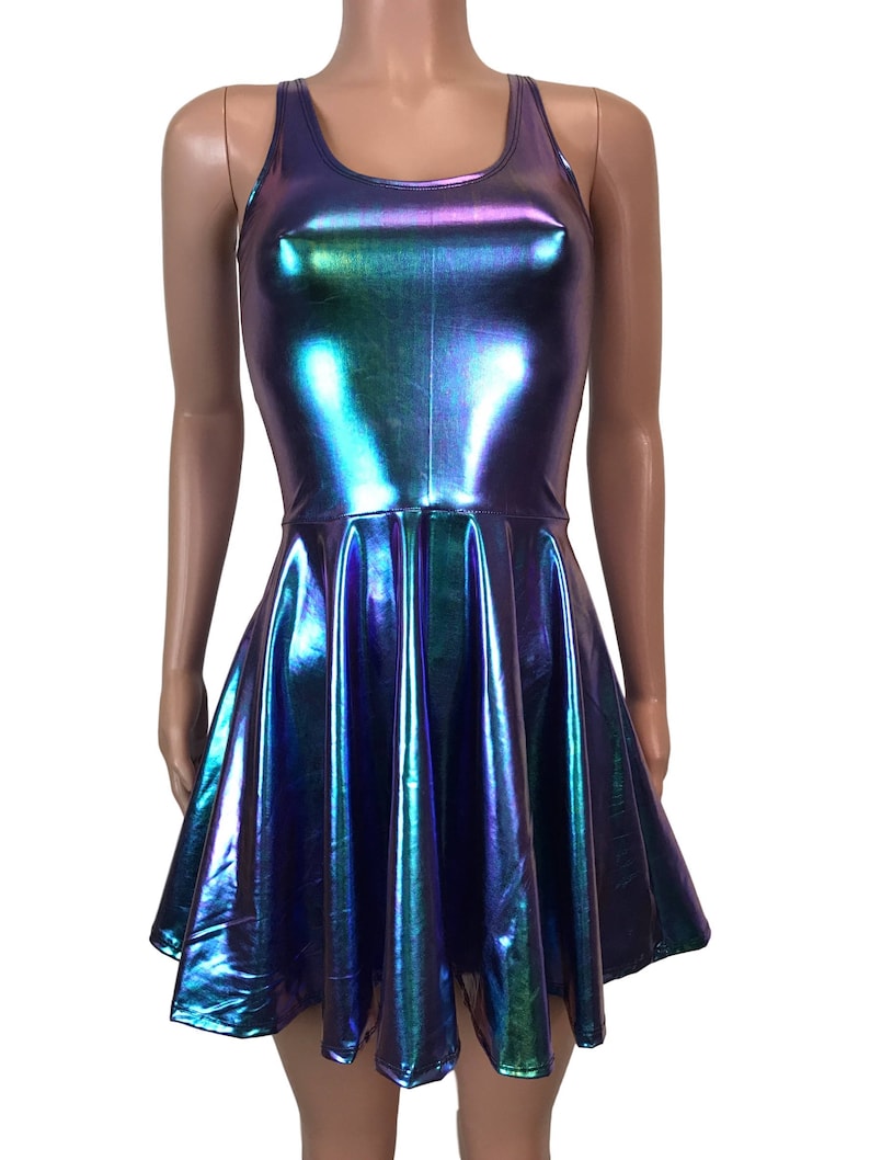 Holographic Oil Slick Skater fit n flare Tank Dress Club, Rave, Sexy Mini Dress, Cocktail, Festival Outfit image 2