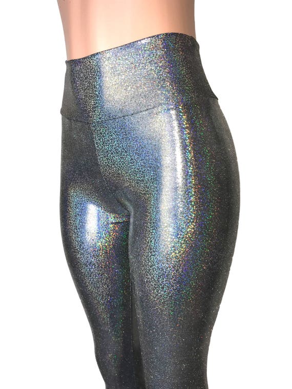 Metallic Silver Flare Leggings Tights Bell Bottom Pants 70's Spandex  Stretch Shiny Lame Chrome 