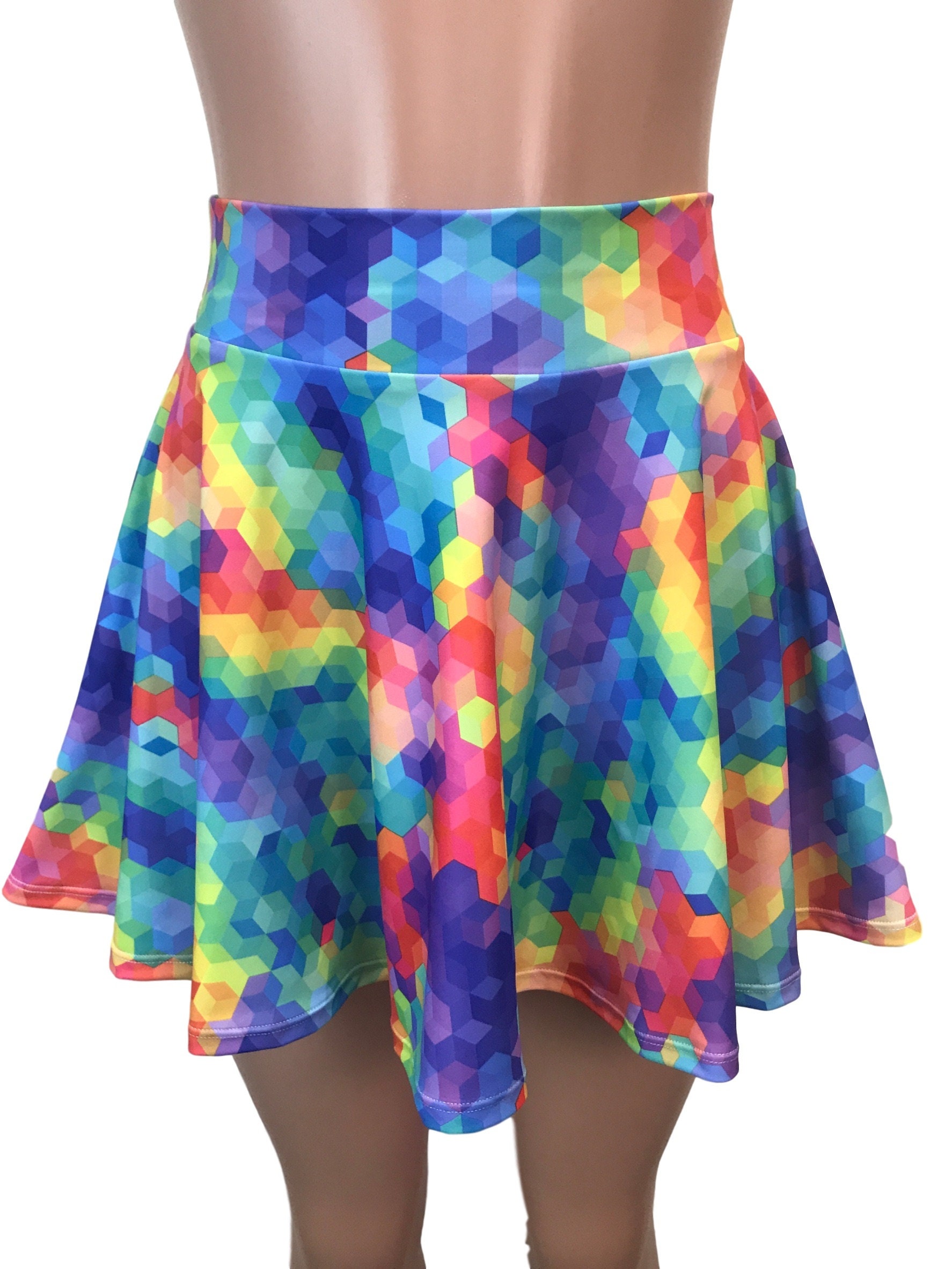 Rainbow Geo High Waisted Skater Skirt Clubwear Rave Wear | Etsy