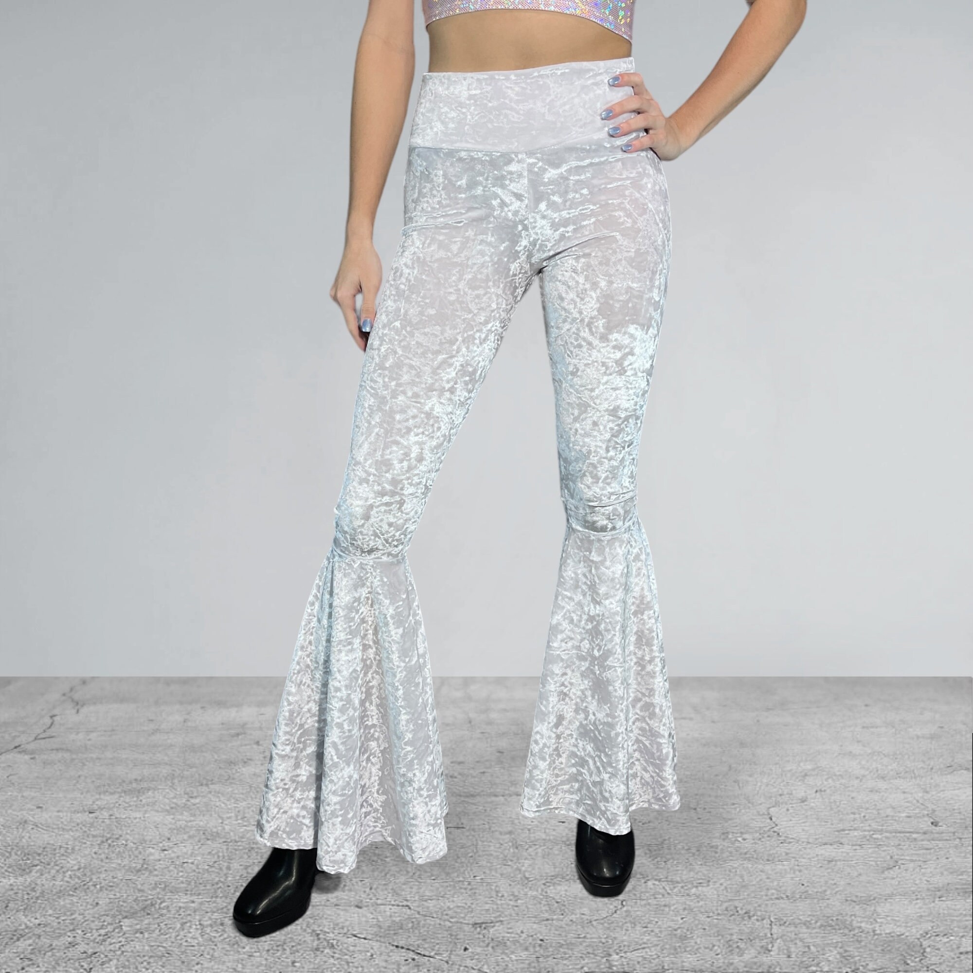 White Crushed Velvet Bell Bottoms Pants Rave, Festival, EDM, 60s Clothing  High Waisted 