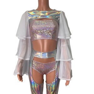 Ruffle Sleeve Bolero Top - Opal Holographic and White Mesh | Rave Festival Top