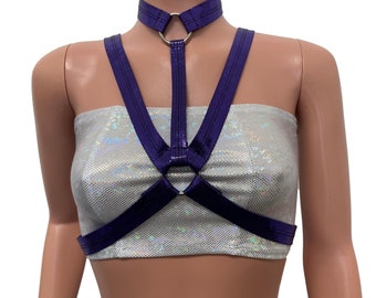 Cage Bra Harness Top in Purple Mystique Metallic | Rave Body Chest Harness w/ Choker