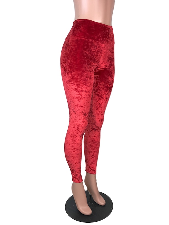 Red Crushed Velvet High Waisted Leggings Pants Rave, Festival, EDM