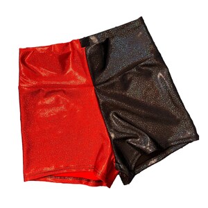 May include: Red and black shiny shorts with a glittery finish.