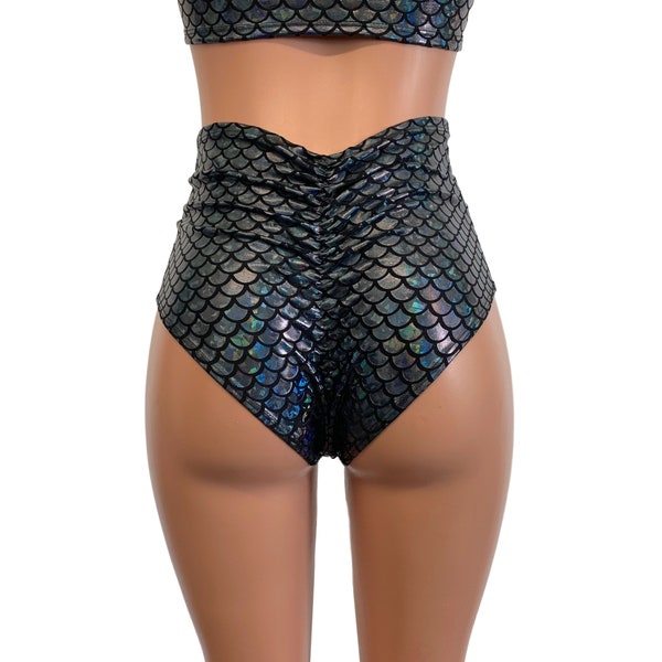 Scrunch Bikini - High Waist *Black Mermaid Scale* Booty Shorts - Brazilian Bikini Bottom - Rave Clothing, Festival Clothes