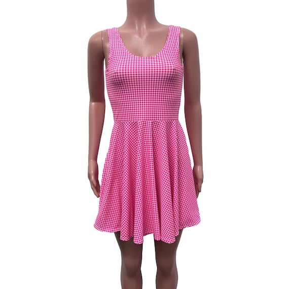 pink gingham a line dress Vionelle Plus Size Summer Pink Gingham Striped Off The Shoulder Midi Casual  A Line Dress With Half Puff Sleeves For Picnic