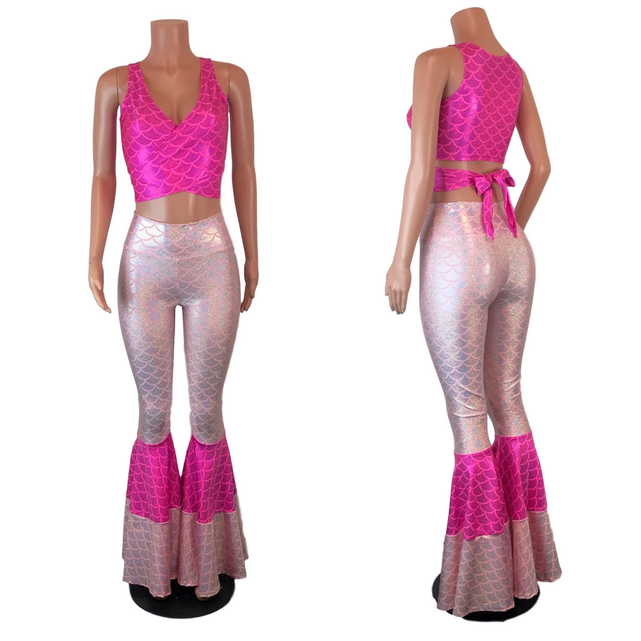 Costume de sirène rose w/Bell Bottoms et Wrap Top Choisissez votre Rise - Dragon Costume, Mermaid Outfit, Rave Clothing