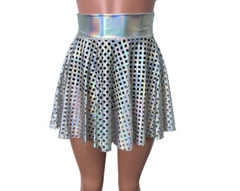Opal Diamond Cutout Holographic Skater Skirt See-Through - Holograph Rave Skirt - Festival Clothing - Reflective Skirt - High Waisted