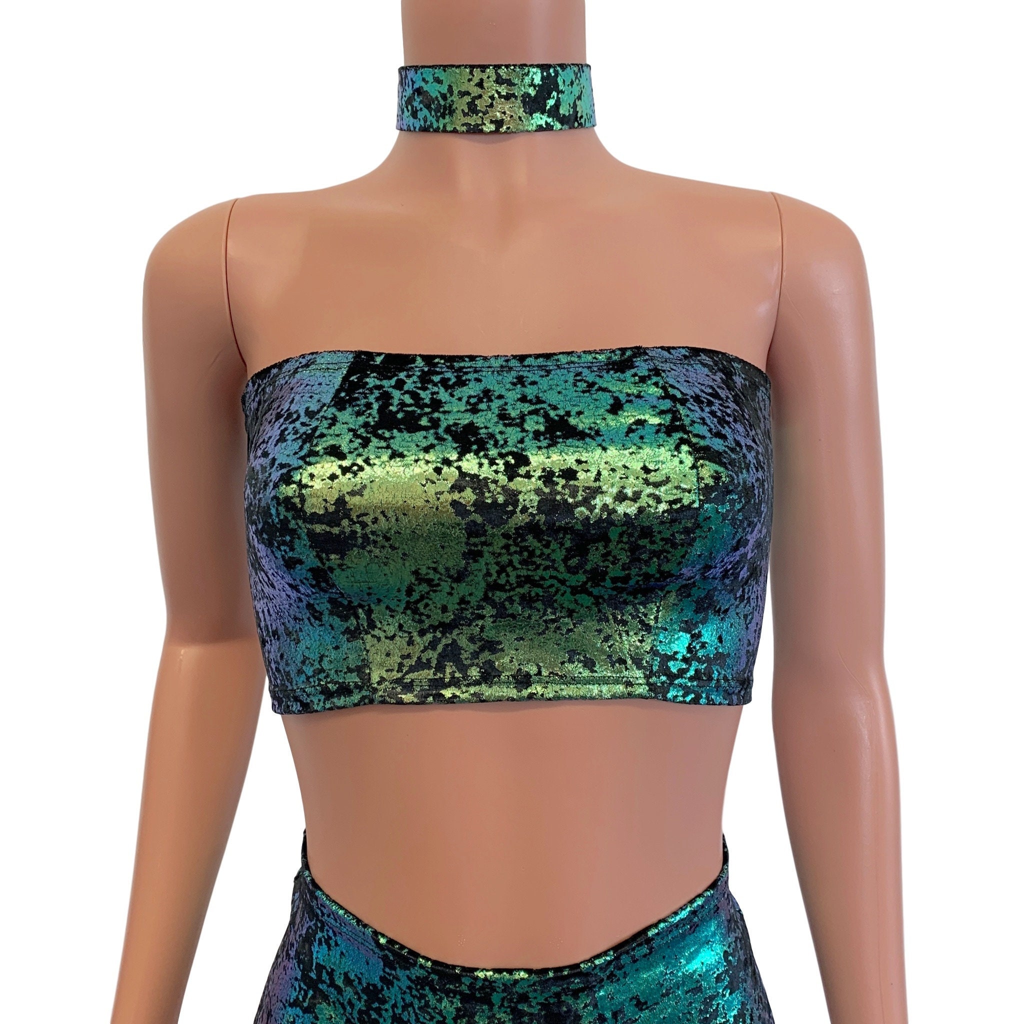 Tube Top Bandeau - *Black w/Green Gilded Velvet* - Rave Top, Festival Clothing, Burning Man