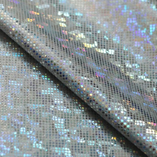 Silver on White Holographic Shattered Glass Nylon Spandex Fabric by-the-yard, Holo, Hologram