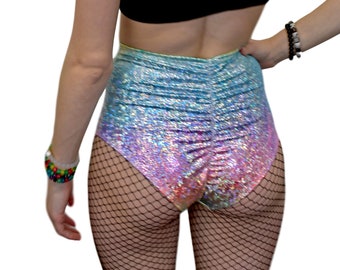 Scrunch Bikini - High Waist *Rainbow Avatar* - Ruched Brazilian Bikini Bottom - Rave Clothing, Festival Clothes