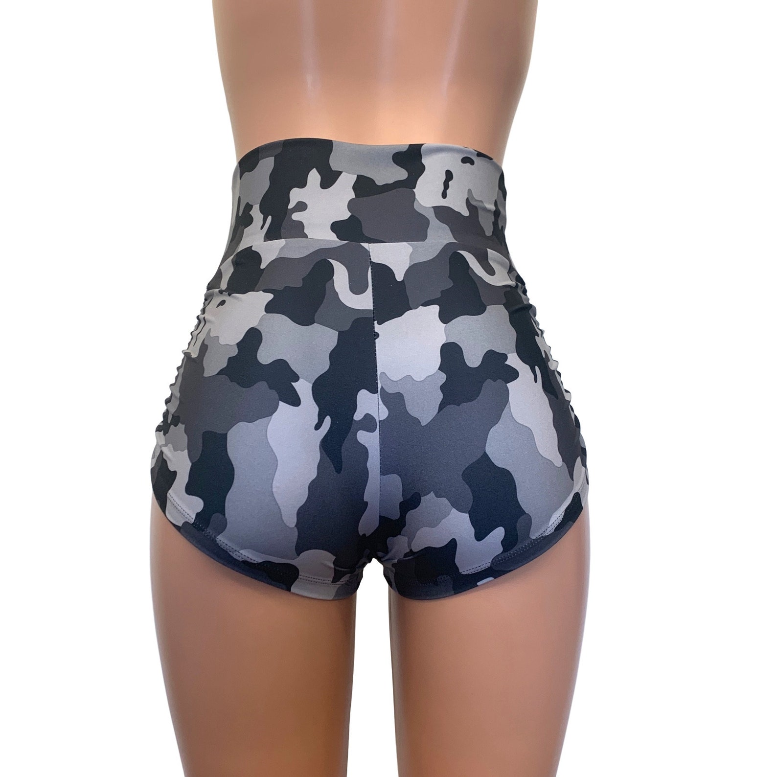 Ruched Booty Shorts Black & Gray Camo CHOOSE your RISE | Etsy