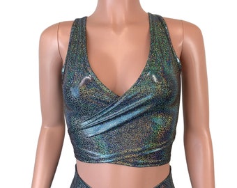 Crop Wrap Top - *Gleaming Silver Sparkle* Choose Sleeve Length - Rave Clothing - Cropped Top - Tie Top