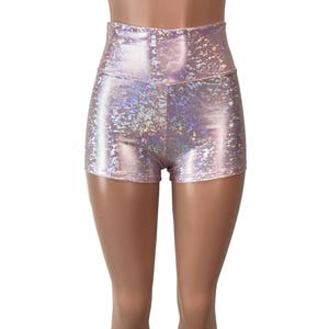 Pink Blush Shattered Glass Holographic High Waisted Booty Shorts club or rave wear Crossfit Running image 6