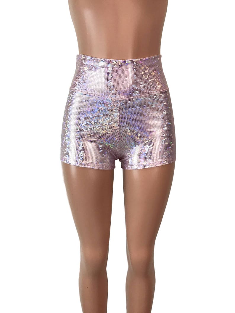 Pink Blush Shattered Glass Holographic High Waisted Booty Shorts club or rave wear Crossfit Running image 6