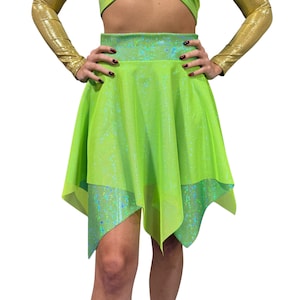 Pixie Skirt for Fairy Costume in Lime Green Holographic and Mesh | Rave Skirt, Sheer Festival Skirt, Elven Mini Skirt Tink Cosplay