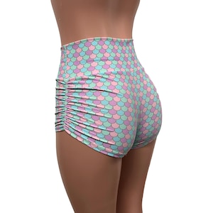 Ruched Booty Shorts - Pastel Mermaid | Ruched Rave Shorts - Scrunch Shorts - CHOOSE your RISE - Roller Derby, Festival, Rave
