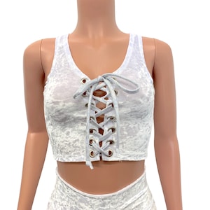 Lace-Up Crop Top *White Crushed Velvet & Silver Holo* Corset Top - Rave Crop Top - Festival Outfit
