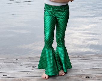 Pantalones de campana de sirena con brillo verde para niños, pantalones de disfraz de sirena o tritón para niños