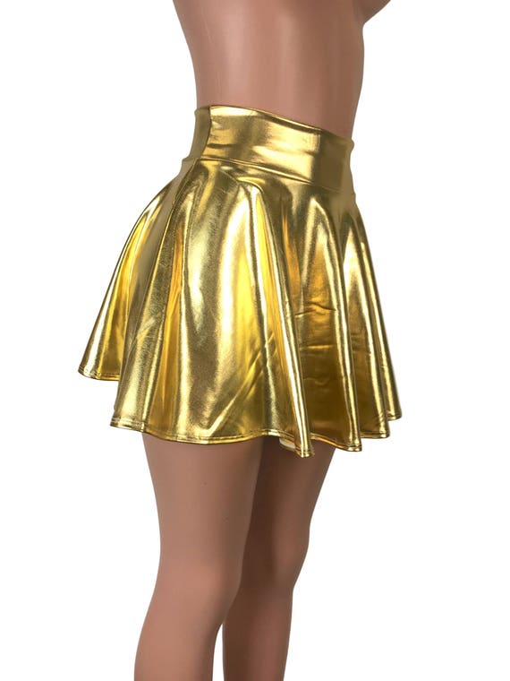 Falda skater de talle alto dorada metalizada Clubwear, Rave Wear