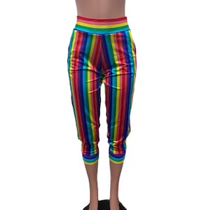 Joggers w/ Pockets - Rainbow Stripe High Waisted Jogger Pants - Rave, Festival, EDM, Running, Men or Women&#39;s Pride Pants