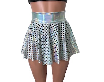 Opal Diamond Cutout 13" Holographic Skater Skirt See-Through - Holograph Rave Skirt - Festival Clothing - Reflective Skirt - High Waisted