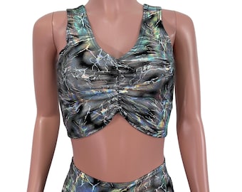 Silver on Black Holographic Ruched Crop Top Tank - EDM Shirt, Rave Wear, Festival Clothing