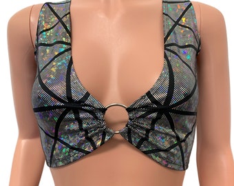Silver or Gold Glass Pane Holographic Ring Top - Crop Shirt - Rave Wear, festival top, burning man