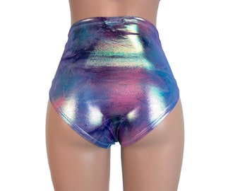 Tie Dye Rainbow Mystique Metallic High Waisted Hot Pants Booty Shorts  Bikini Bottom Club or Rave Wear Crossfit Running 