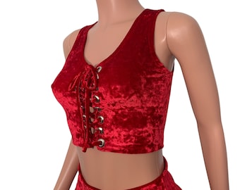 Lace-Up Crop Top *Red Crushed Velvet* Corset Top - Rave Crop Top - Festival Outfit