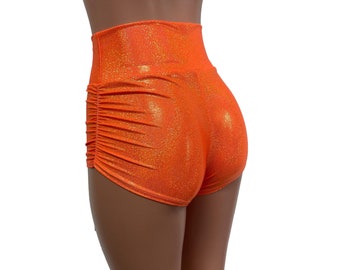 Ruched Booty Shorts - Orange Sparkle - Pole Dance Shorts - Rave Clothing - Festival Outfit