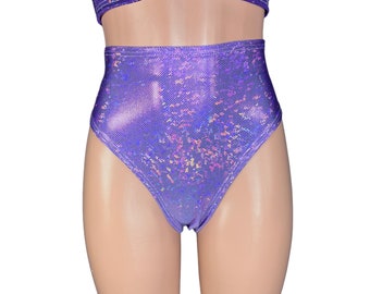 HIGH Thigh Hot Pants in lavender shattered glass Spandex | Holo Bikini Bottom for Rave Outfit, Festival Wear, Aerial Fitness, Pole 80s
