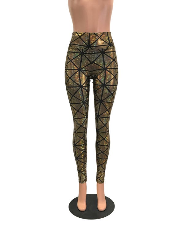 Gouden ruit verbrijzeld glas holografische legging broek Rave Festival EDM 80s kleding hoog getailleerde Funky Etsy Nederland