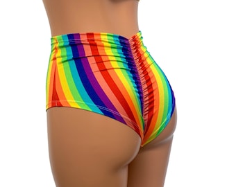 Scrunch Bikini - High Waist *Rainbow Stripe* Booty Shorts - Brazilian Bikini Bottom - Rave Clothing, Festival Clothes