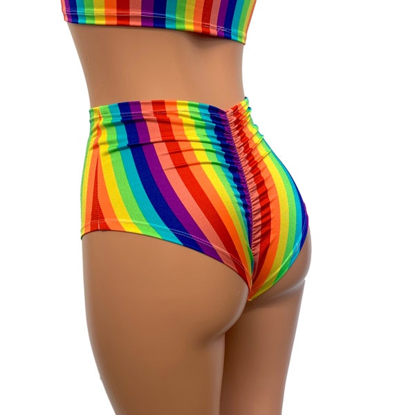 Scrunch Bikini - High Waist *Rainbow Stripe* Booty Shorts - Brazilian Bikini Bottom - Rave Clothing, Festival Clothes