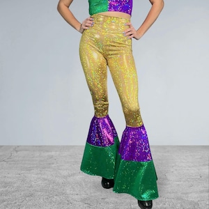 Mardi Gras Bell Bottoms -  Tiered Flare Pants - Choose your Rise - Mardi Gras Costume - Holographic Bell Bottoms