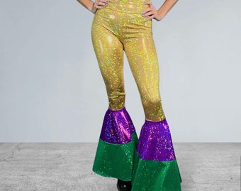 Mardi Gras Bell Bottoms - Pantalon Flare à plusieurs niveaux - Choisissez votre taille - Costume Mardi Gras - Holographic Bell Bottoms