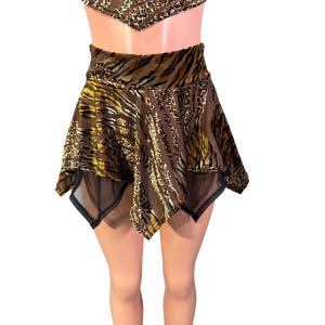 Pixie Skirt for Fairy Costume in Bengal Tiger Burnout Velvet and Black Mesh | Rave Skirt, Sheer Festival Skirt, Elven Mini Skirt Cosplay