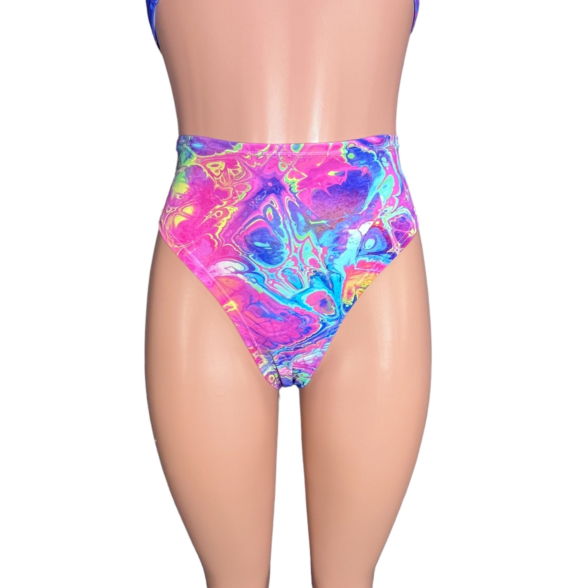 HIGH Thigh Bikini Bottom in Rainbow Vapor Spandex | Cheeky Brazilian Bikini for Rave Outfit, Festival Wear, Aerial Fitness, Pole 80s