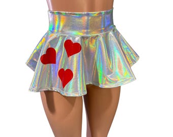Super Mini Skater Skirt w/Hearts - 10" Opal Holographic High Waisted Circle Skirt -  Valentine's Outfit, Rave Skirt, Festival Outfit
