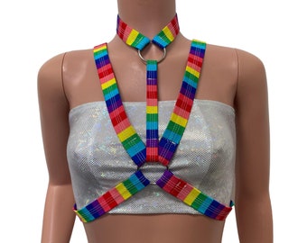 Cage Bra Harness Top in Rainbow Stripe Pride | Rave Body Chest Harness w/ Choker