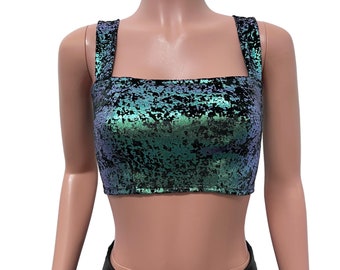 Green on Black Gilded Velvet Wide Strap Top - Rave Wear, Festival Clothing