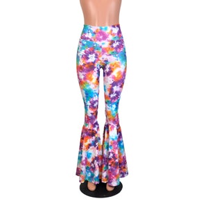 May include: High-waisted bell bottom pants with a colorful tie-dye pattern in shades of purple, orange, blue, and white.