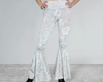 Pantalon blanc en velours froissé à motif cloche - Rave, Festival, EDM, Vêtements années 60 - Taille haute