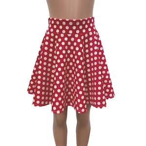 Red White Polka Dot 18&quot; Minnie High Waisted Skater Skirt- Clubwear, Rave Wear, Mini Circle Skirt, Costume