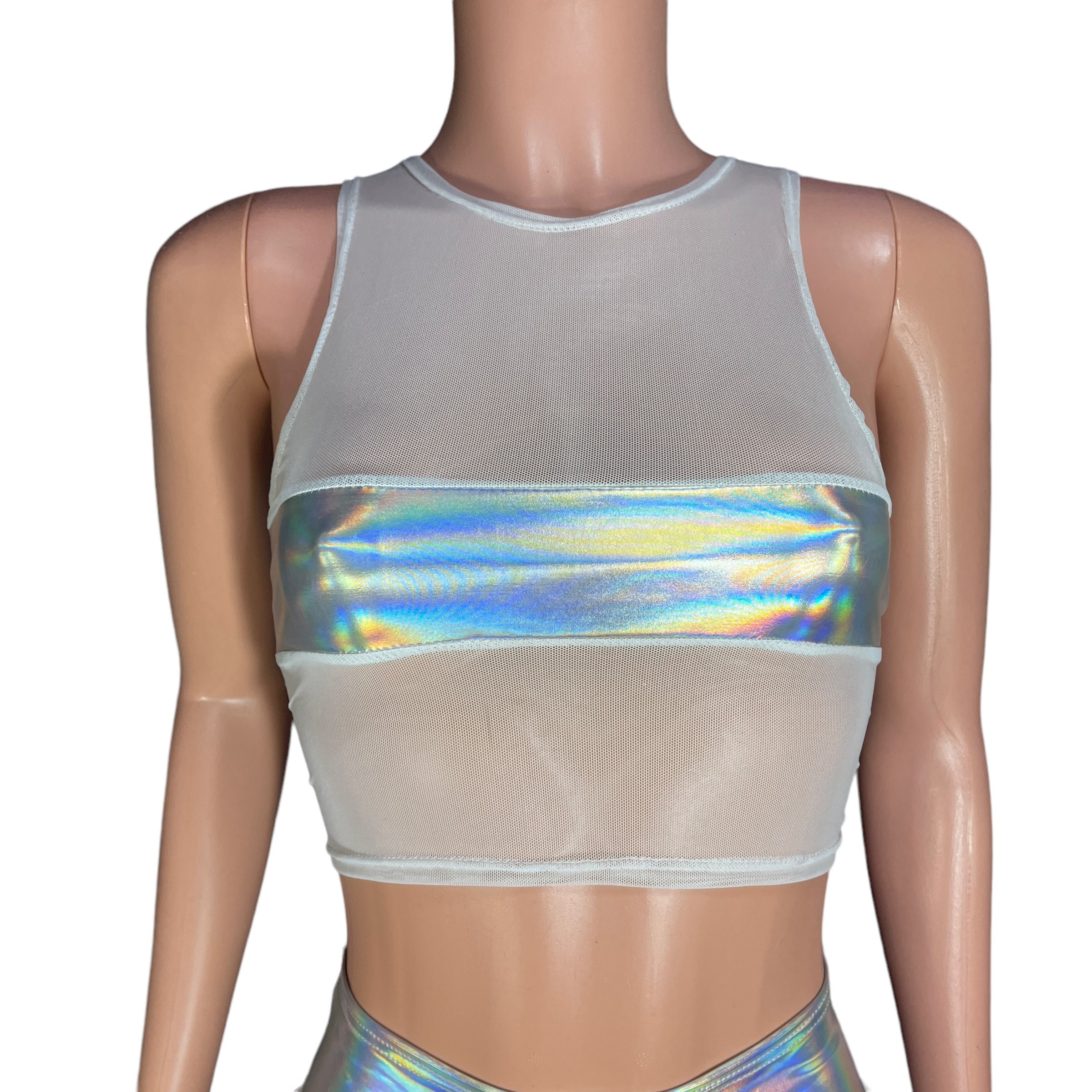 Opal Holographic Mesh Censor Crop Top - Rave Clothing, Festival Clothes | Iridescent Reflective Tank