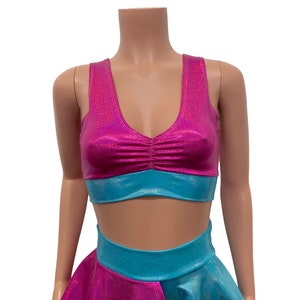 Banded Scrunch Crop Tank - Blue & Pink Sparkle Holographic | Rave Outfit, Festival Top