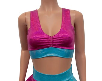 Banded Scrunch Crop Tank - Blue & Pink Sparkle Holographic | Rave Outfit, Festival Top