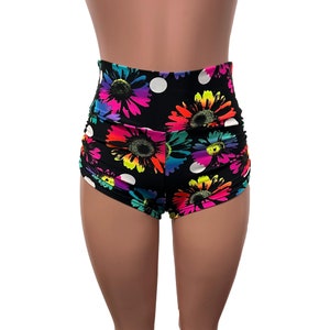 Ruched Booty Shorts - Polka Dot Electric Daisy Neon | Ruched Rave Shorts - Scrunch Shorts - CHOOSE your RISE - Roller Derby, Festival, Rave